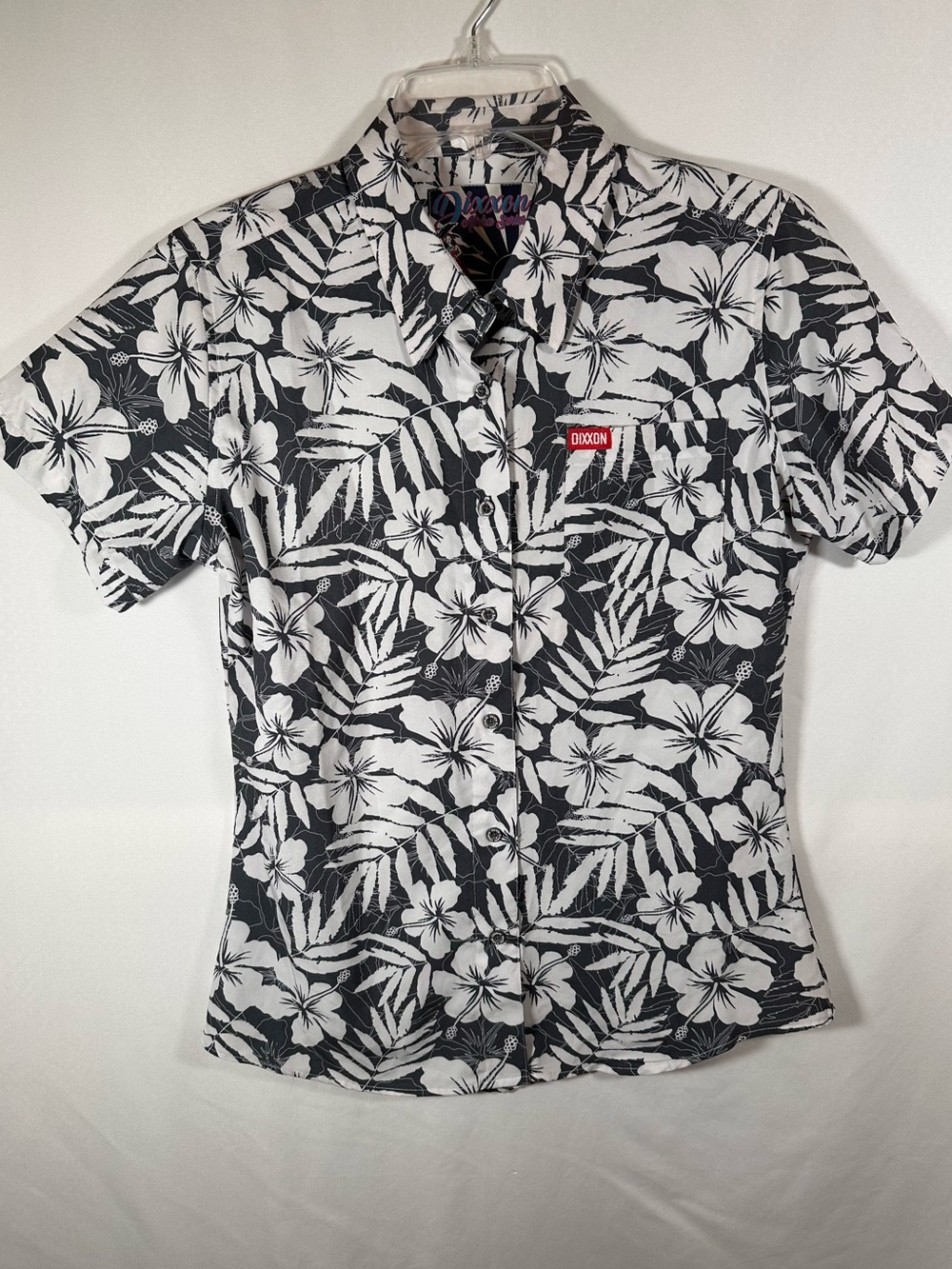 Dixxon Aloha Series Dark Gray & White Hibiscus Floral Short Sleeve Party Shirt M